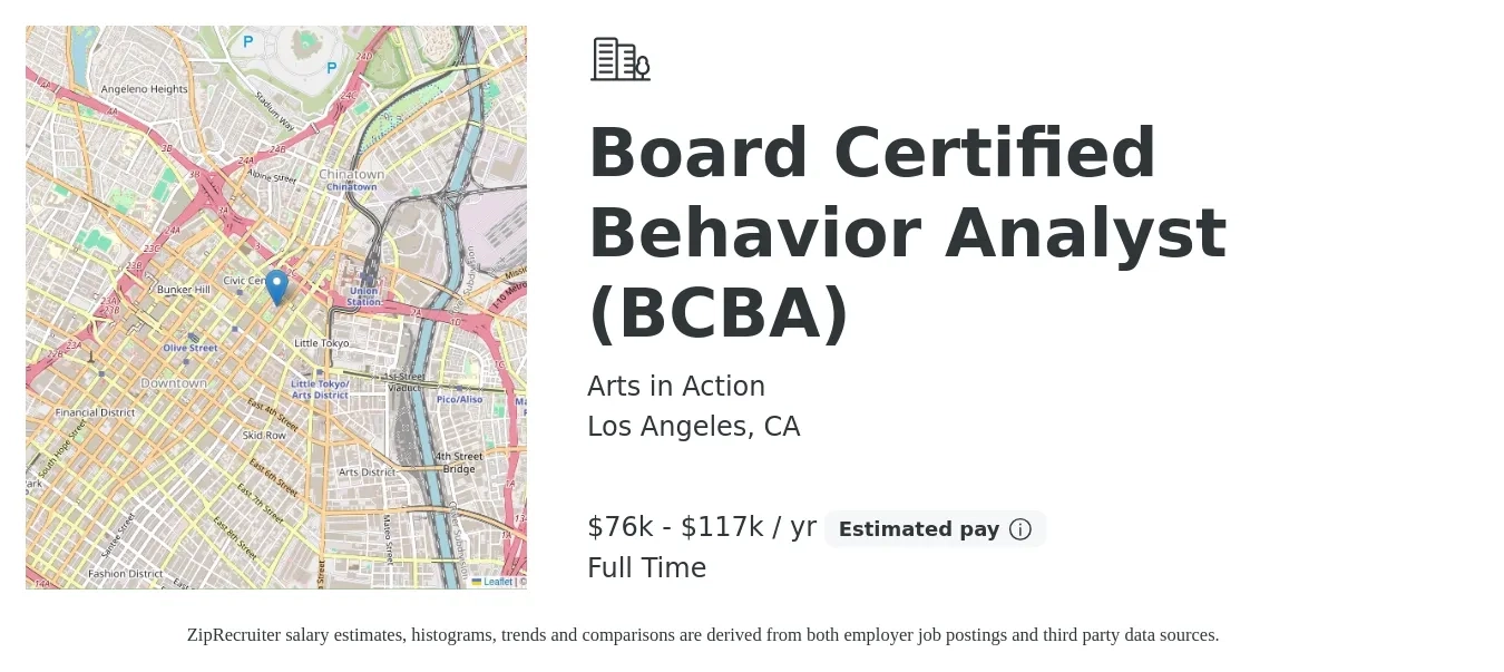 Arts in Action job posting for a Board Certified Behavior Analyst (BCBA) in Los Angeles, CA with a salary of $76,500 to $117,430 Yearly with a map of Los Angeles location.