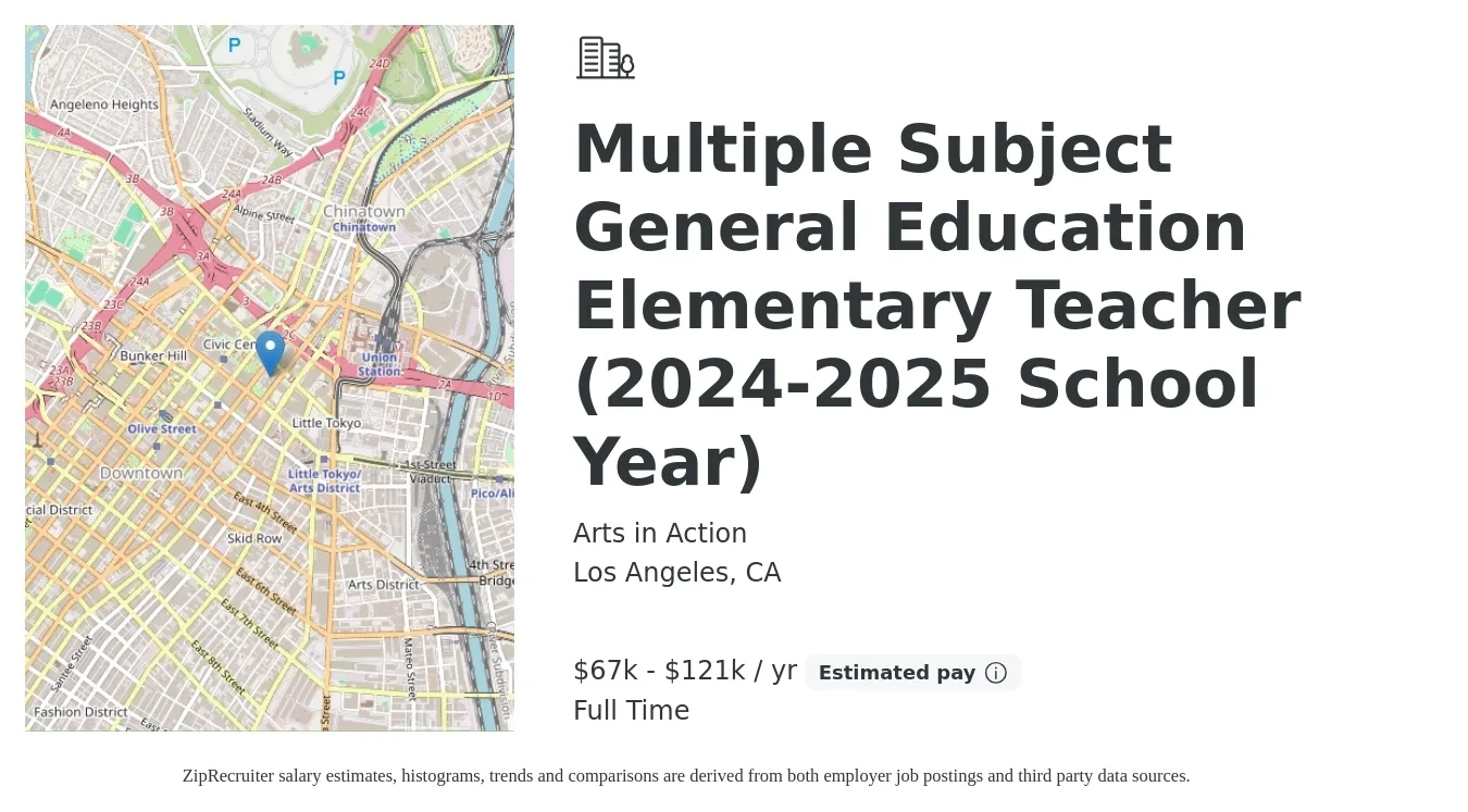 Arts in Action job posting for a Multiple Subject General Education Elementary Teacher (2024-2025 School Year) in Los Angeles, CA with a salary of $67,860 to $121,000 Yearly with a map of Los Angeles location.
