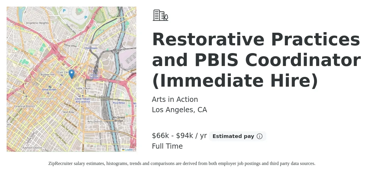 Arts in Action job posting for a Restorative Practices and PBIS Coordinator (Immediate Hire) in Los Angeles, CA with a salary of $66,560 to $94,736 Yearly with a map of Los Angeles location.