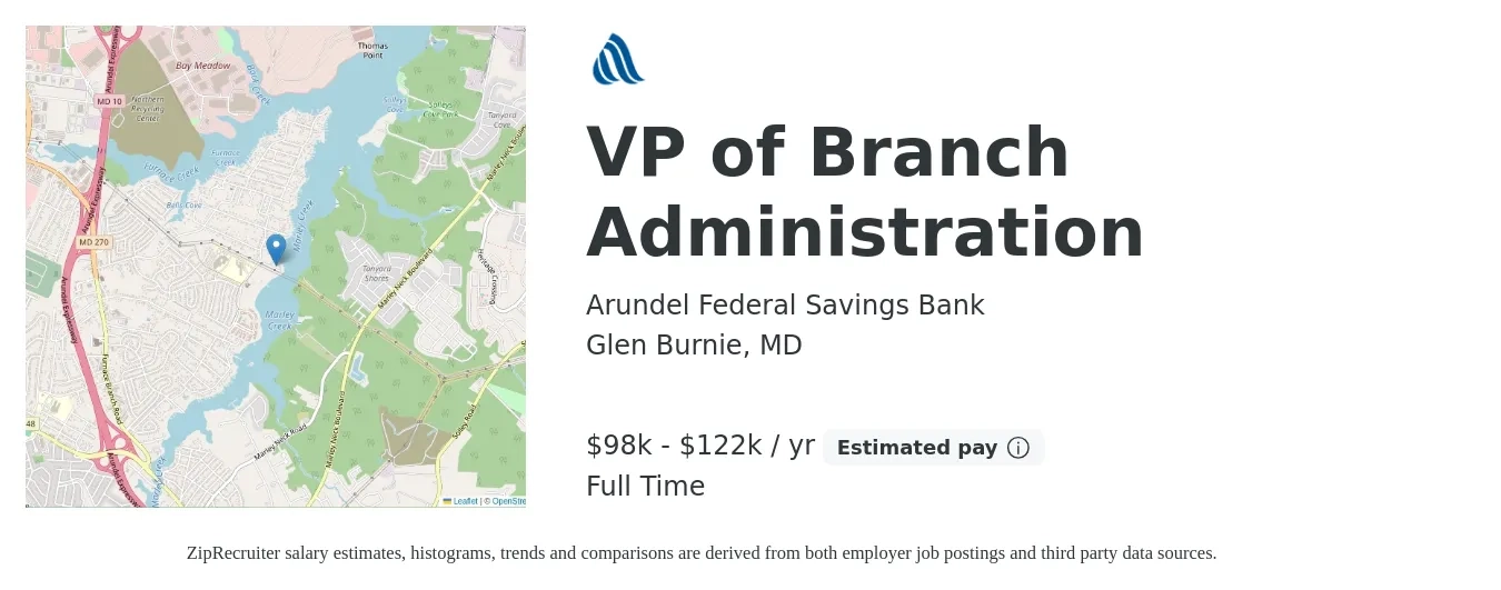 Arundel Federal Savings Bank job posting for a VP of Branch Administration in Glen Burnie, MD with a salary of $98,300 to $122,900 Yearly with a map of Glen Burnie location.