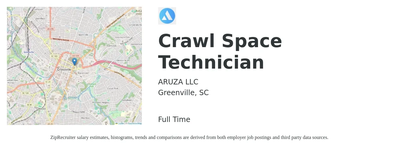 ARUZA LLC job posting for a Crawl Space Technician in Greenville, SC with a salary of $39,500 to $59,200 Yearly with a map of Greenville location.