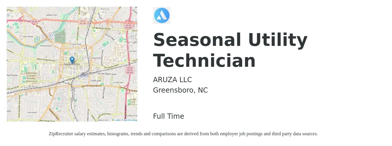 ARUZA LLC job posting for a Seasonal Utility Technician in Greensboro, NC with a salary of $20 to $26 Hourly with a map of Greensboro location.