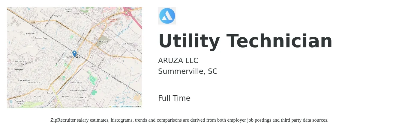 ARUZA LLC job posting for a Utility Technician in Summerville, SC with a salary of $18 to $24 Hourly with a map of Summerville location.