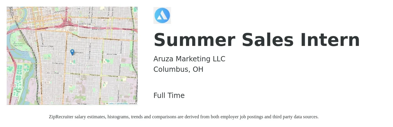 Aruza Marketing LLC job posting for a Summer Sales Intern in Columbus, OH with a salary of $4,500 to $7,500 Monthly with a map of Columbus location.