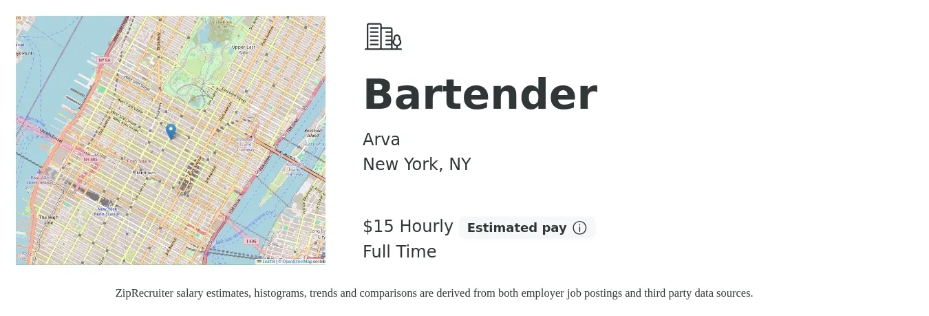 Arva job posting for a Bartender in New York, NY with a salary of $16 Hourly with a map of New York location.