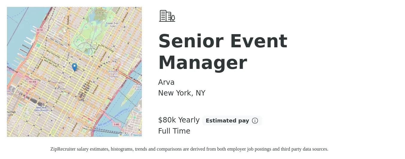 Arva job posting for a Senior Event Manager in New York, NY with a salary of $80,000 Yearly with a map of New York location.