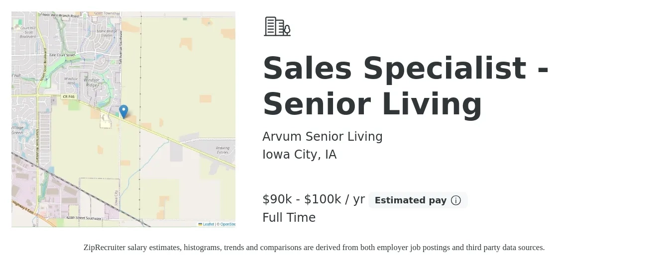 Arvum Senior Living job posting for a Sales Specialist - Senior Living in Iowa City, IA with a salary of $90,000 to $100,000 Yearly with a map of Iowa City location.