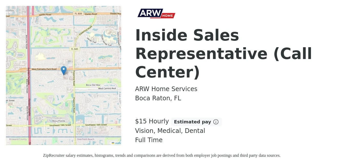 ARW Home Services job posting for a Inside Sales Representative (Call Center) in Boca Raton, FL with a salary of $16 Hourly (plus commission) and benefits including dental, life_insurance, medical, pto, retirement, and vision with a map of Boca Raton location.