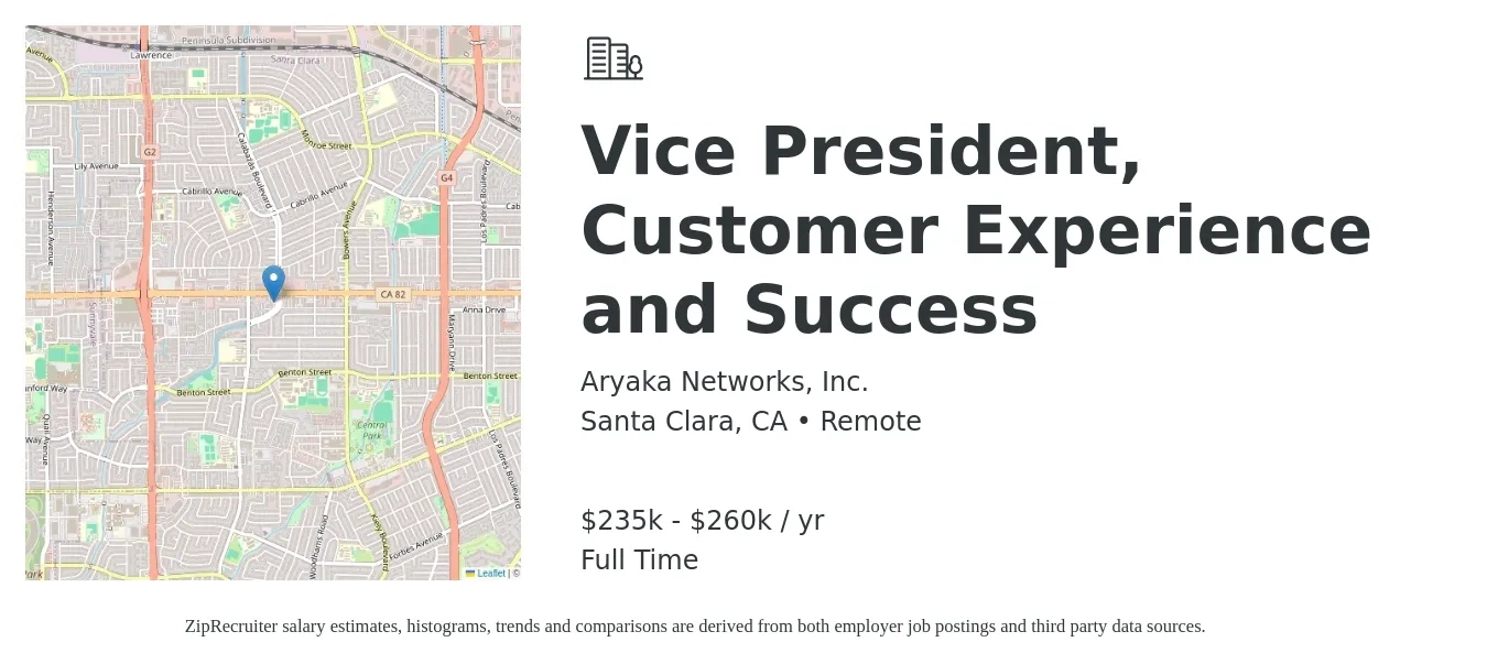 Aryaka Networks, Inc. job posting for a Vice President, Customer Experience and Success in Santa Clara, CA with a salary of $235,000 to $260,000 Yearly with a map of Santa Clara location.