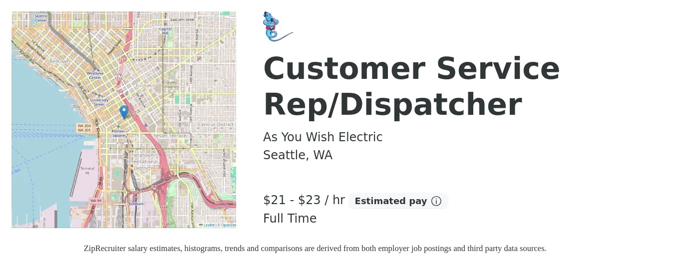 As You Wish Electric job posting for a Customer Service Rep/Dispatcher in Seattle, WA with a salary of $22 to $24 Hourly with a map of Seattle location.