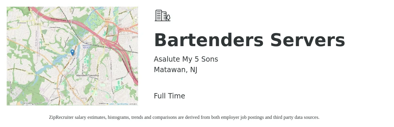 Asalute My 5 Sons job posting for a Bartenders Servers in Matawan, NJ with a salary of $10 to $19 Hourly with a map of Matawan location.