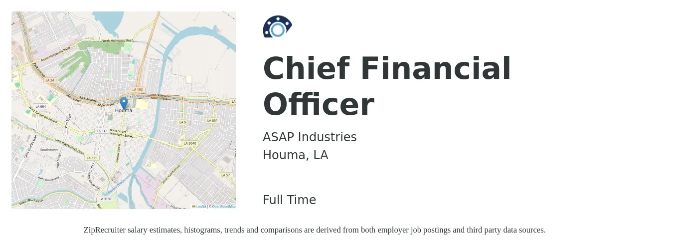 ASAP Industries job posting for a Chief Financial Officer in Houma, LA with a salary of $136,300 to $386,700 Yearly with a map of Houma location.