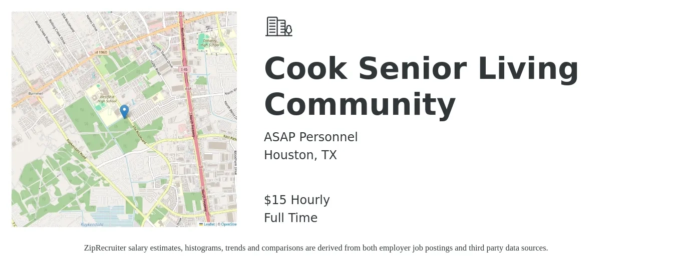 ASAP Personnel job posting for a Cook Senior Living Community in Houston, TX with a salary of $16 Hourly with a map of Houston location.