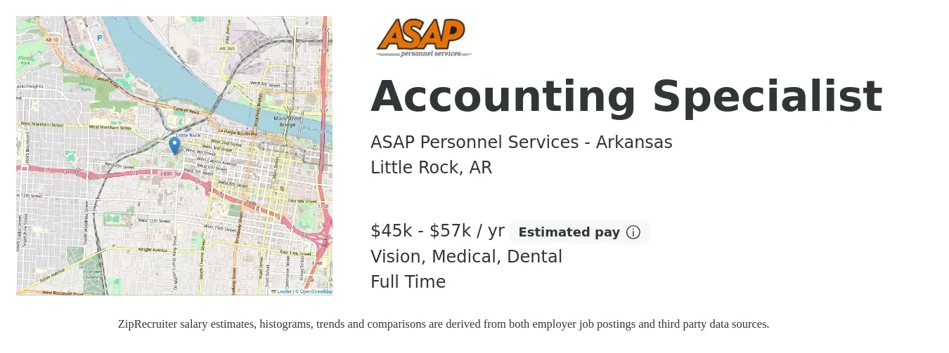 ASAP Personnel Services - Arkansas job posting for a Accounting Specialist in Little Rock, AR with a salary of $45,000 to $60,000 Yearly and benefits including medical, pto, vision, dental, and life_insurance with a map of Little Rock location.