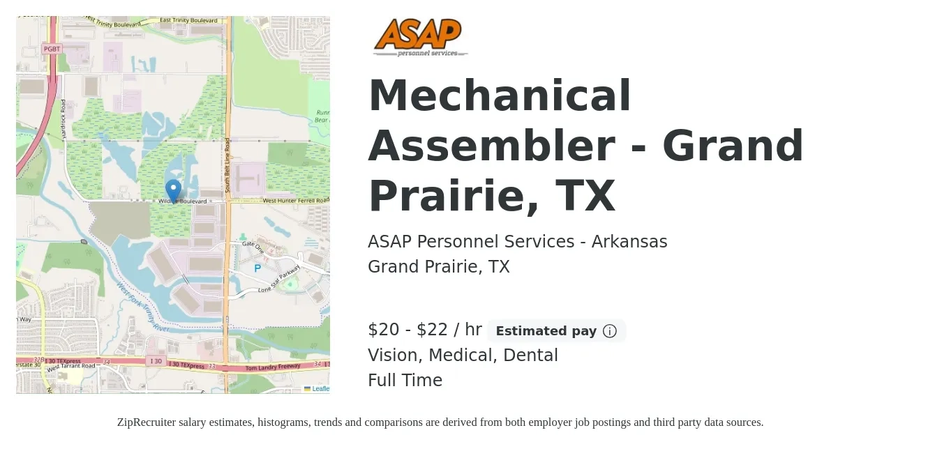 ASAP Personnel Services - Arkansas job posting for a Mechanical Assembler - Grand Prairie, TX in Grand Prairie, TX with a salary of $21 to $23 Hourly and benefits including dental, life_insurance, medical, and vision with a map of Grand Prairie location.