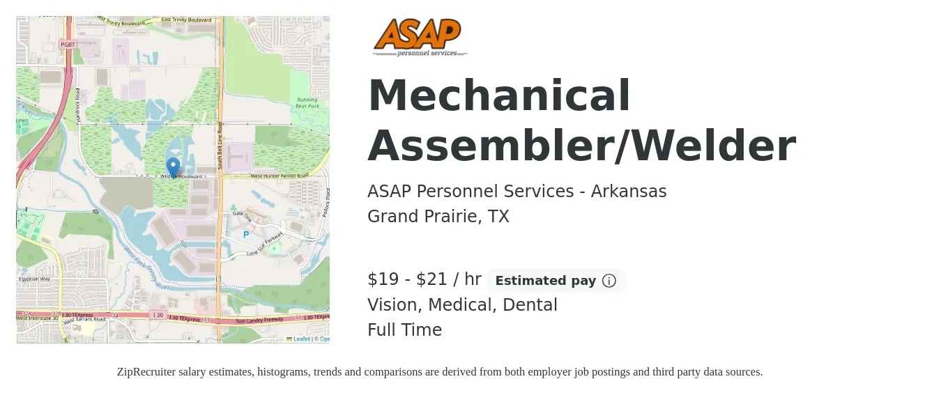 ASAP Personnel Services - Arkansas job posting for a Mechanical Assembler/Welder in Grand Prairie, TX with a salary of $20 to $22 Hourly and benefits including vision, dental, life_insurance, and medical with a map of Grand Prairie location.