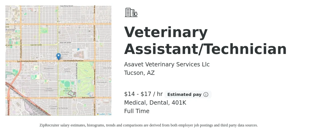 Asavet Veterinary Services Llc job posting for a Veterinary Assistant/Technician in Tucson, AZ with a salary of $15 to $18 Hourly and benefits including 401k, dental, and medical with a map of Tucson location.