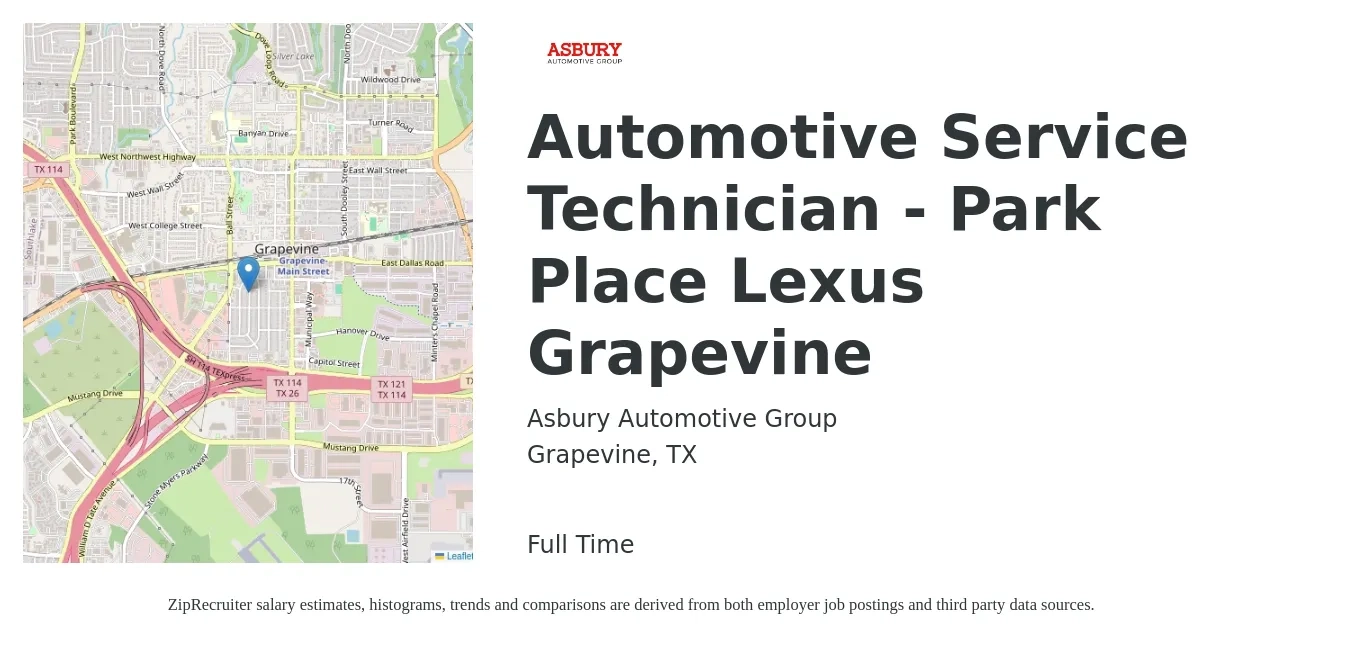 Asbury Automotive Group job posting for a Automotive Service Technician - Park Place Lexus Grapevine in Grapevine, TX with a salary of $18 to $29 Hourly with a map of Grapevine location.