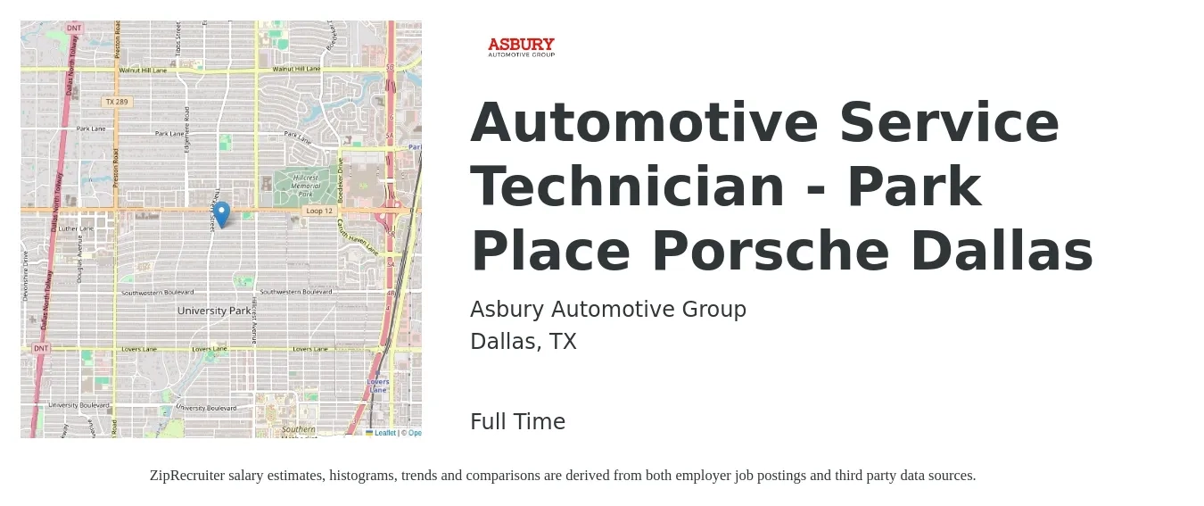 Asbury Automotive Group job posting for a Automotive Service Technician - Park Place Porsche Dallas in Dallas, TX with a salary of $19 to $31 Hourly with a map of Dallas location.