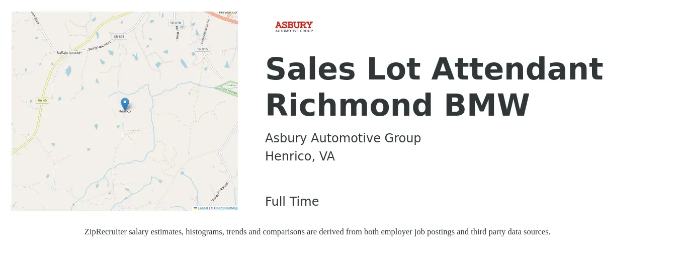 Asbury Automotive Group job posting for a Sales Lot Attendant Richmond BMW in Henrico, VA with a salary of $14 to $17 Hourly with a map of Henrico location.