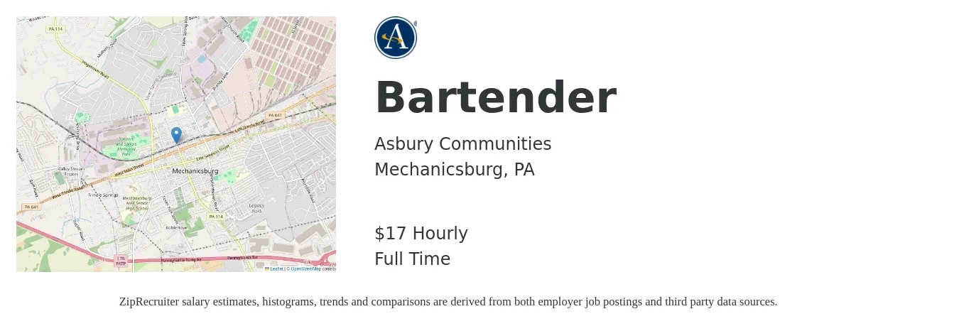 Asbury Communities job posting for a Bartender in Mechanicsburg, PA with a salary of $18 Hourly with a map of Mechanicsburg location.