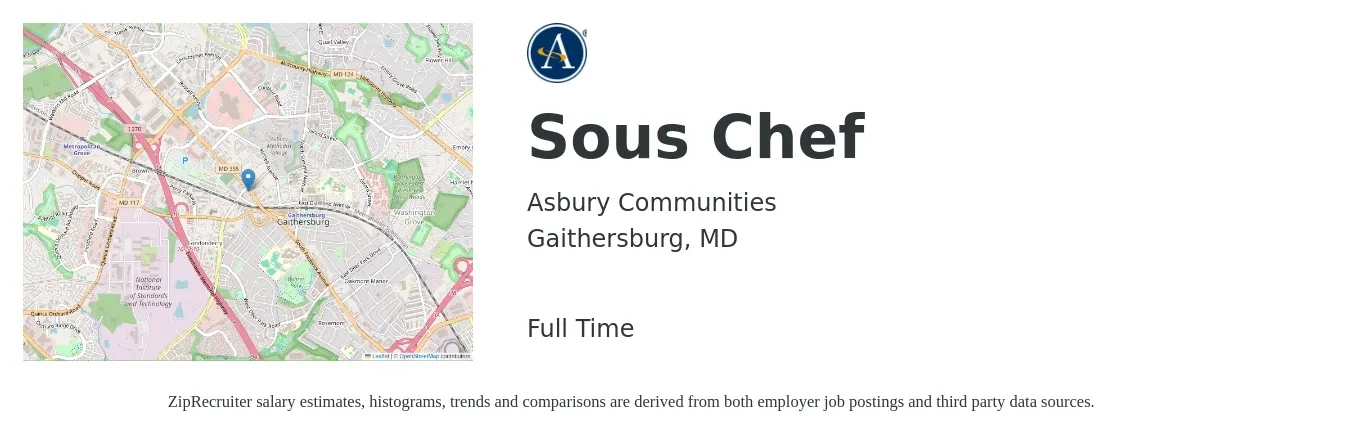Asbury Communities job posting for a Sous Chef in Gaithersburg, MD with a salary of $24 Hourly with a map of Gaithersburg location.