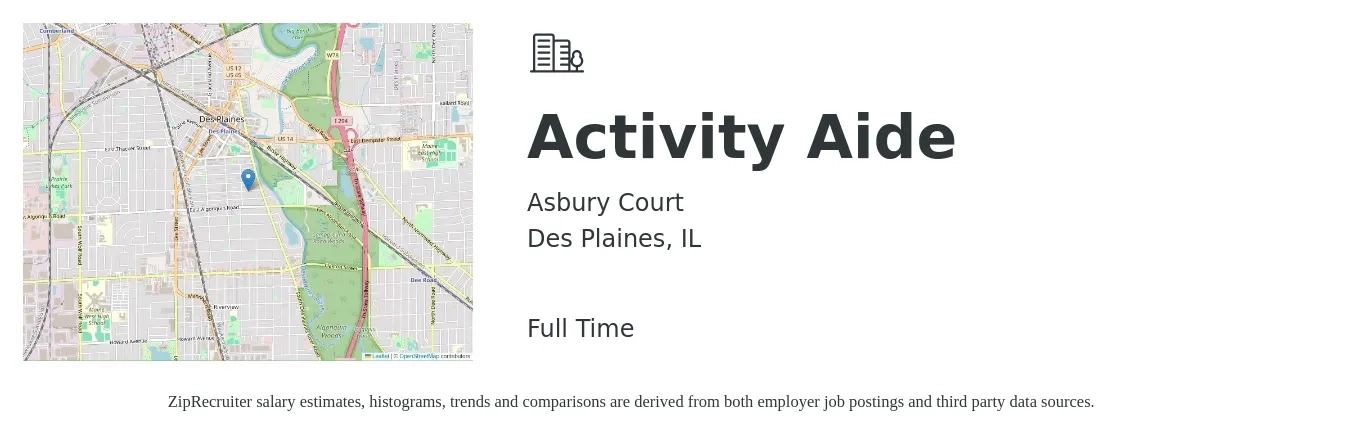 Asbury Court job posting for a Activity Aide in Des Plaines, IL with a salary of $14 to $18 Hourly with a map of Des Plaines location.