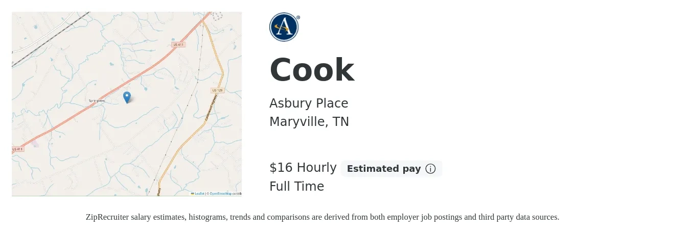 Asbury Place job posting for a Cook in Maryville, TN with a salary of $18 Hourly with a map of Maryville location.