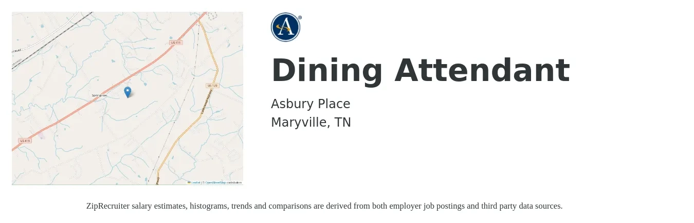 Asbury Place job posting for a Dining Attendant in Maryville, TN with a salary of $13 to $16 Hourly with a map of Maryville location.