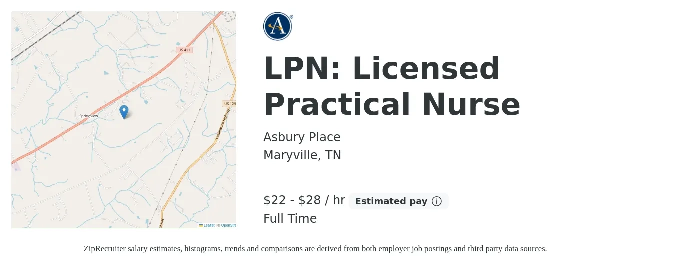 Asbury Place job posting for a LPN: Licensed Practical Nurse in Maryville, TN with a salary of $24 to $29 Hourly with a map of Maryville location.