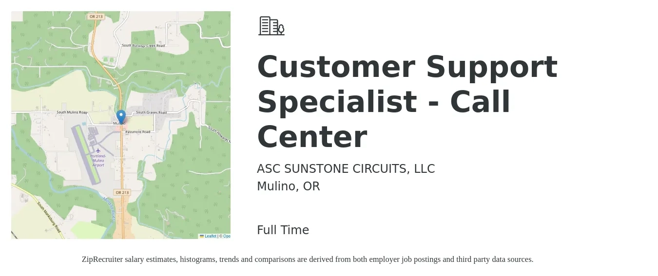 ASC SUNSTONE CIRCUITS, LLC job posting for a Customer Support Specialist - Call Center in Mulino, OR with a salary of $20 to $23 Hourly with a map of Mulino location.