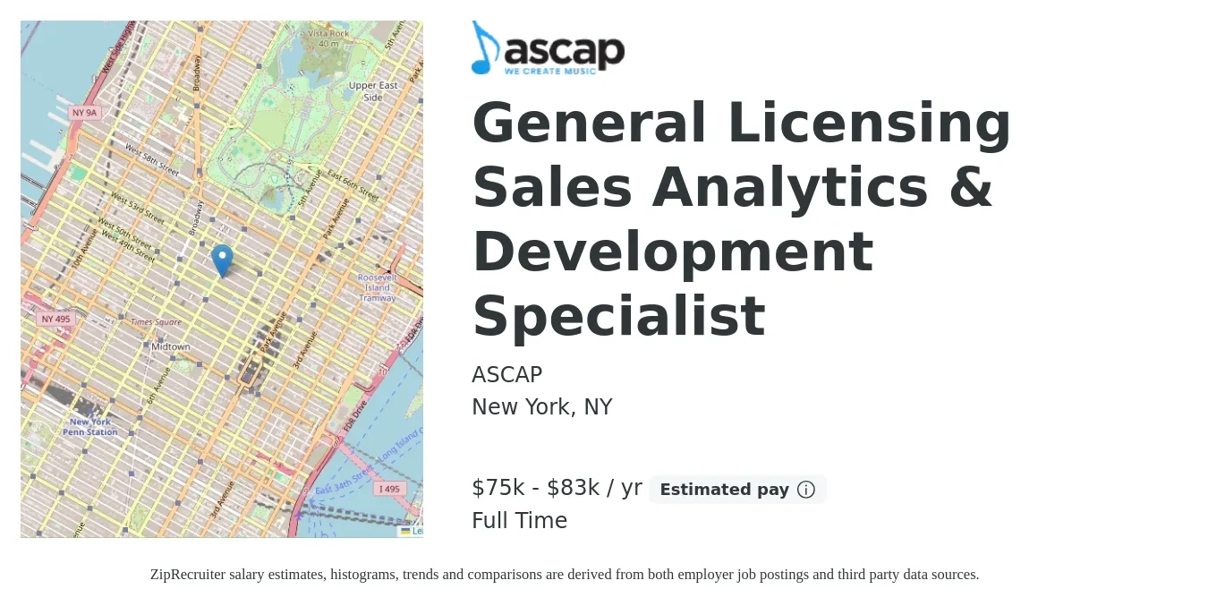 ASCAP job posting for a General Licensing Sales Analytics & Development Specialist in New York, NY with a salary of $75,000 to $83,000 Yearly with a map of New York location.