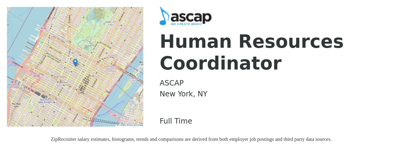 ASCAP job posting for a Human Resources Coordinator in New York, NY with a salary of $50,000 to $60,000 Yearly with a map of New York location.