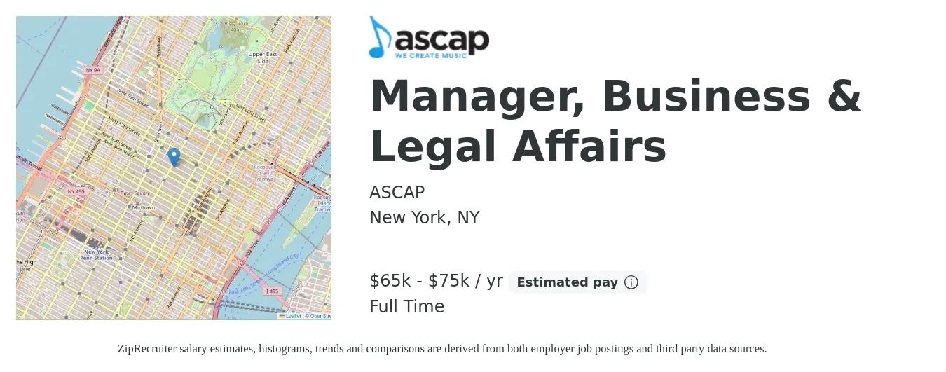 ASCAP job posting for a Manager, Business & Legal Affairs in New York, NY with a salary of $65,000 to $75,000 Yearly with a map of New York location.