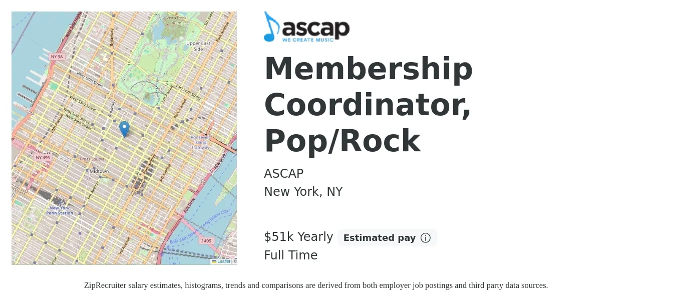 ASCAP job posting for a Membership Coordinator, Pop/Rock in New York, NY with a salary of $51,000 Yearly with a map of New York location.