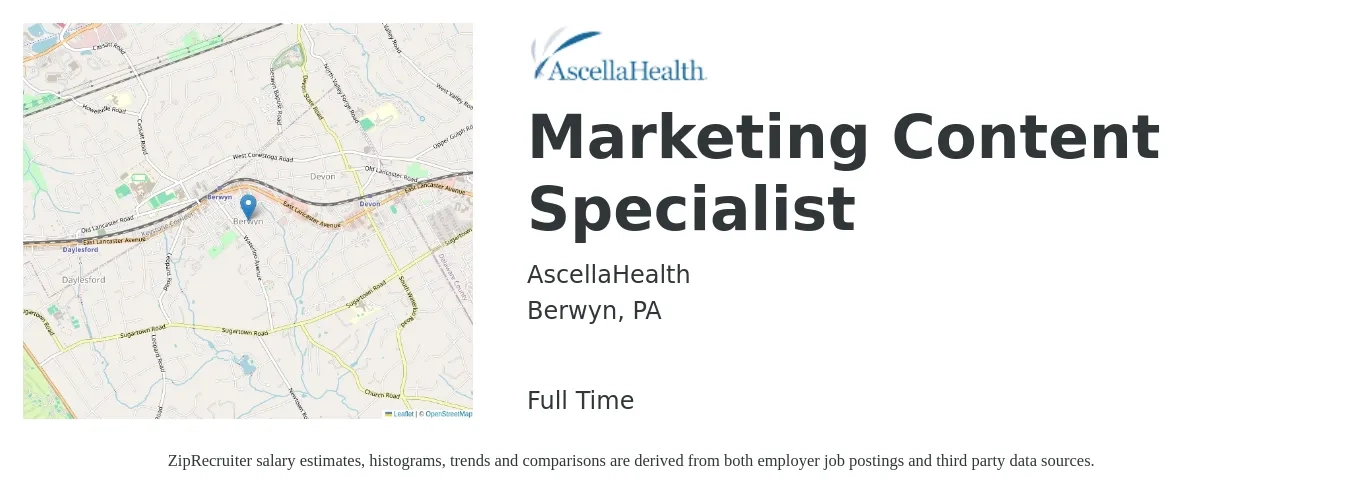 AscellaHealth job posting for a Marketing Content Specialist in Berwyn, PA with a salary of $43,200 to $66,200 Yearly with a map of Berwyn location.