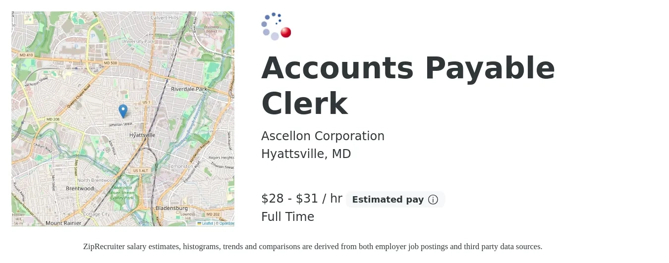 Ascellon Corporation job posting for a Accounts Payable Clerk in Hyattsville, MD with a salary of $30 to $33 Hourly with a map of Hyattsville location.