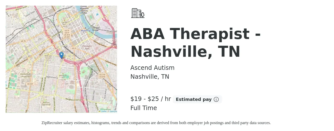 Ascend Autism job posting for a ABA Therapist - Nashville, TN in Nashville, TN with a salary of $20 to $27 Hourly with a map of Nashville location.