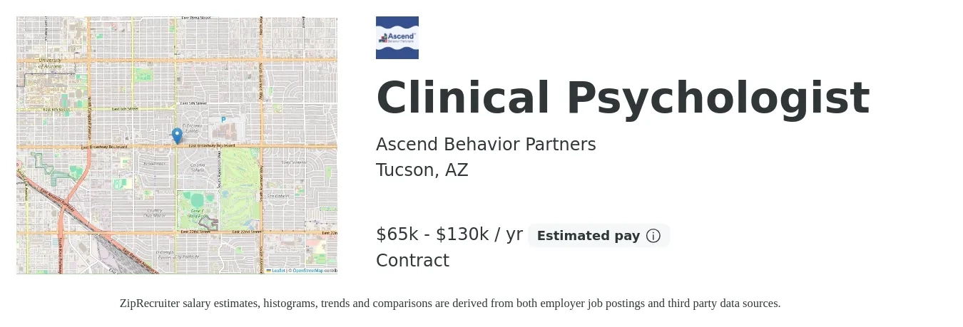 Ascend Behavior Partners job posting for a Clinical Psychologist in Tucson, AZ with a salary of $65,000 to $130,000 Yearly with a map of Tucson location.