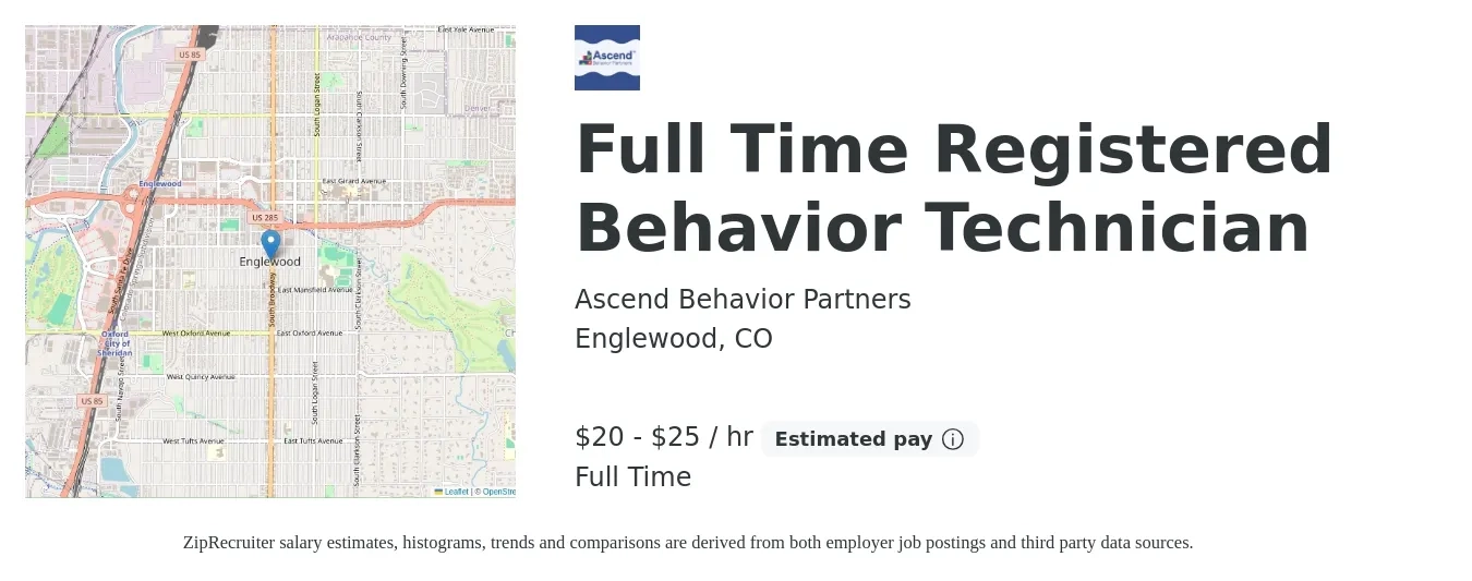 Ascend Behavior Partners job posting for a Full Time Registered Behavior Technician in Englewood, CO with a salary of $21 to $27 Hourly with a map of Englewood location.