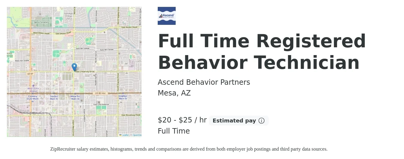 Ascend Behavior Partners job posting for a Full Time Registered Behavior Technician in Mesa, AZ with a salary of $21 to $27 Hourly with a map of Mesa location.