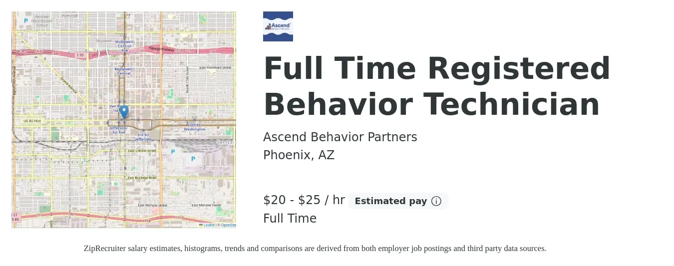 Ascend Behavior Partners job posting for a Full Time Registered Behavior Technician in Phoenix, AZ with a salary of $21 to $27 Hourly with a map of Phoenix location.