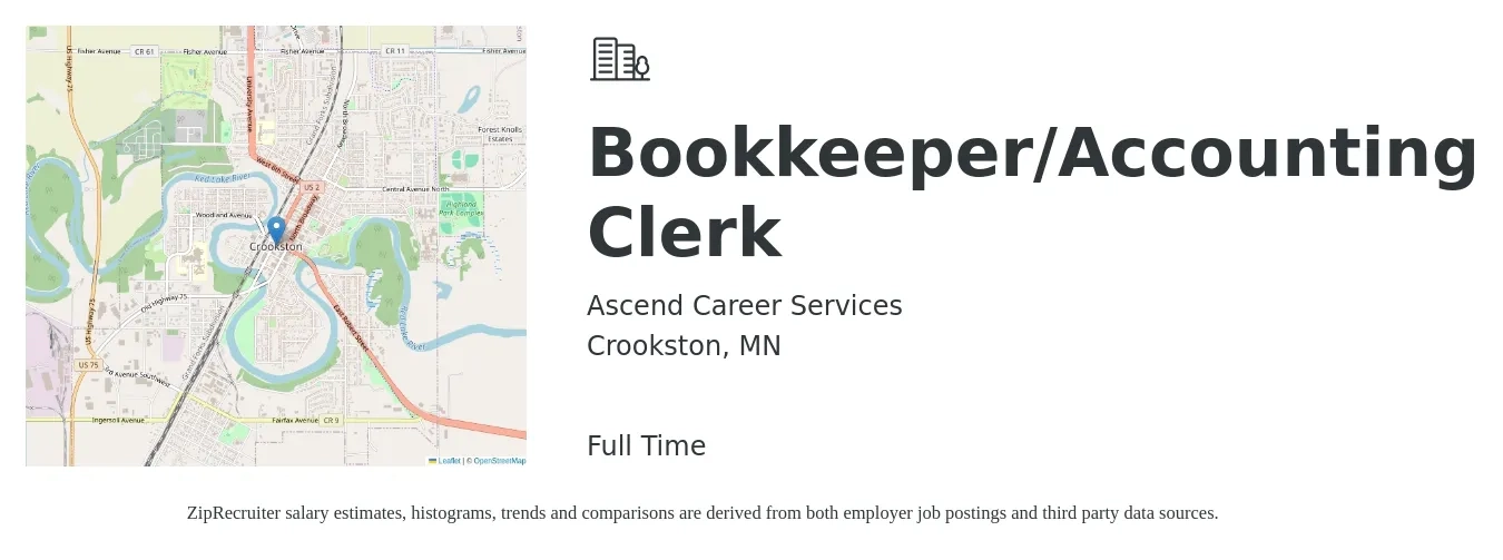 Ascend Career Services job posting for a Bookkeeper/Accounting Clerk in Crookston, MN with a salary of $22 to $25 Hourly with a map of Crookston location.