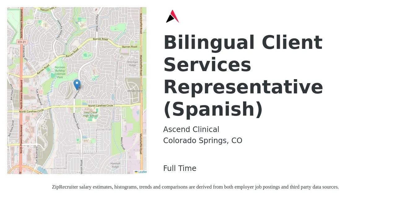 Ascend Clinical job posting for a Bilingual Client Services Representative (Spanish) in Colorado Springs, CO with a salary of $20 to $24 Hourly with a map of Colorado Springs location.