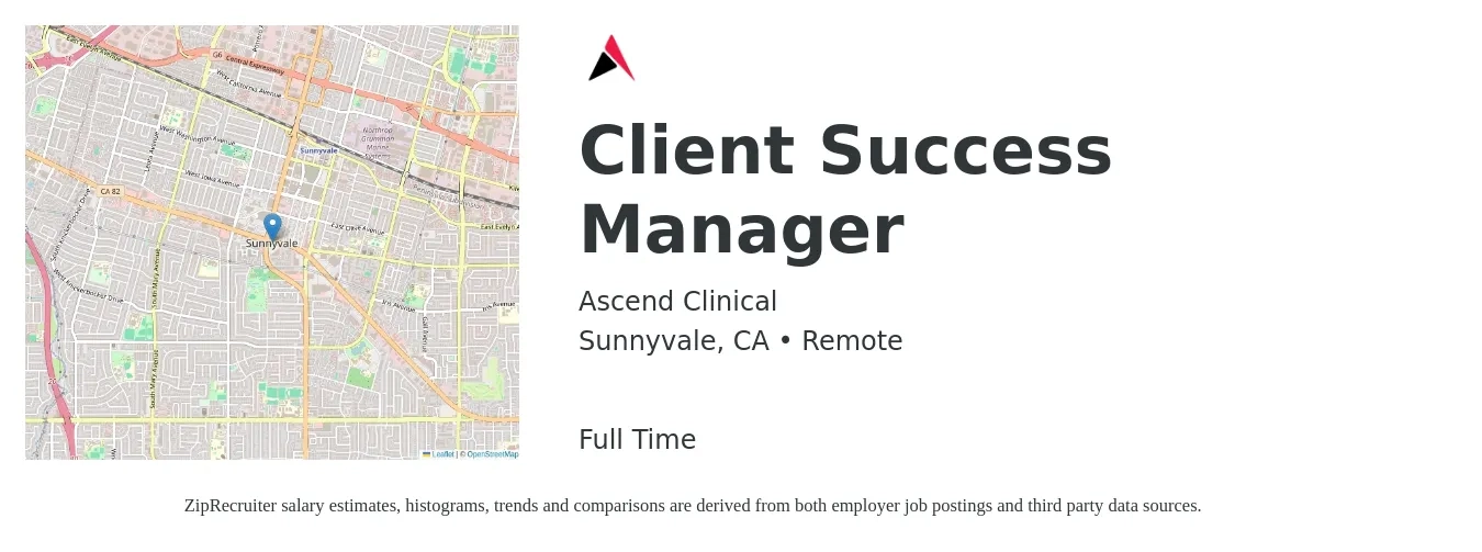 Ascend Clinical job posting for a Client Success Manager in Sunnyvale, CA with a salary of $80,000 to $110,000 Yearly with a map of Sunnyvale location.