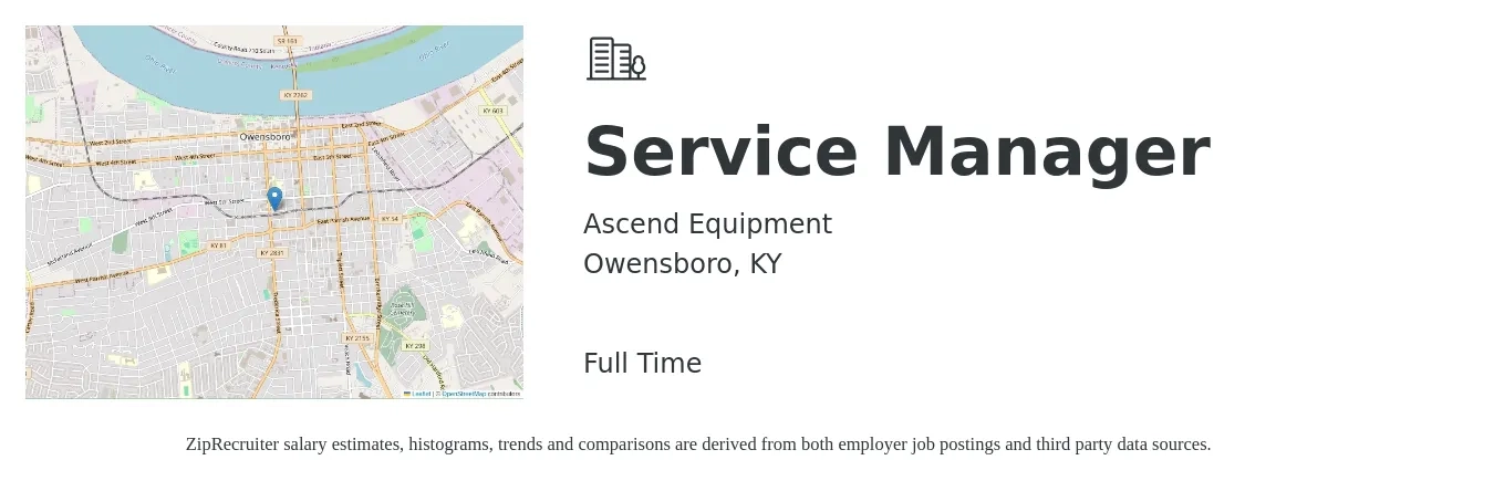 Ascend Equipment job posting for a Service Manager in Owensboro, KY with a salary of $43,600 to $67,500 Yearly with a map of Owensboro location.