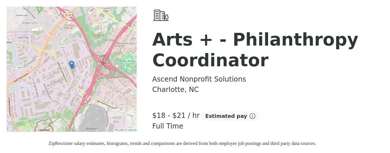 Ascend Nonprofit Solutions job posting for a Arts + - Philanthropy Coordinator in Charlotte, NC with a salary of $41,000 to $47,000 Yearly with a map of Charlotte location.