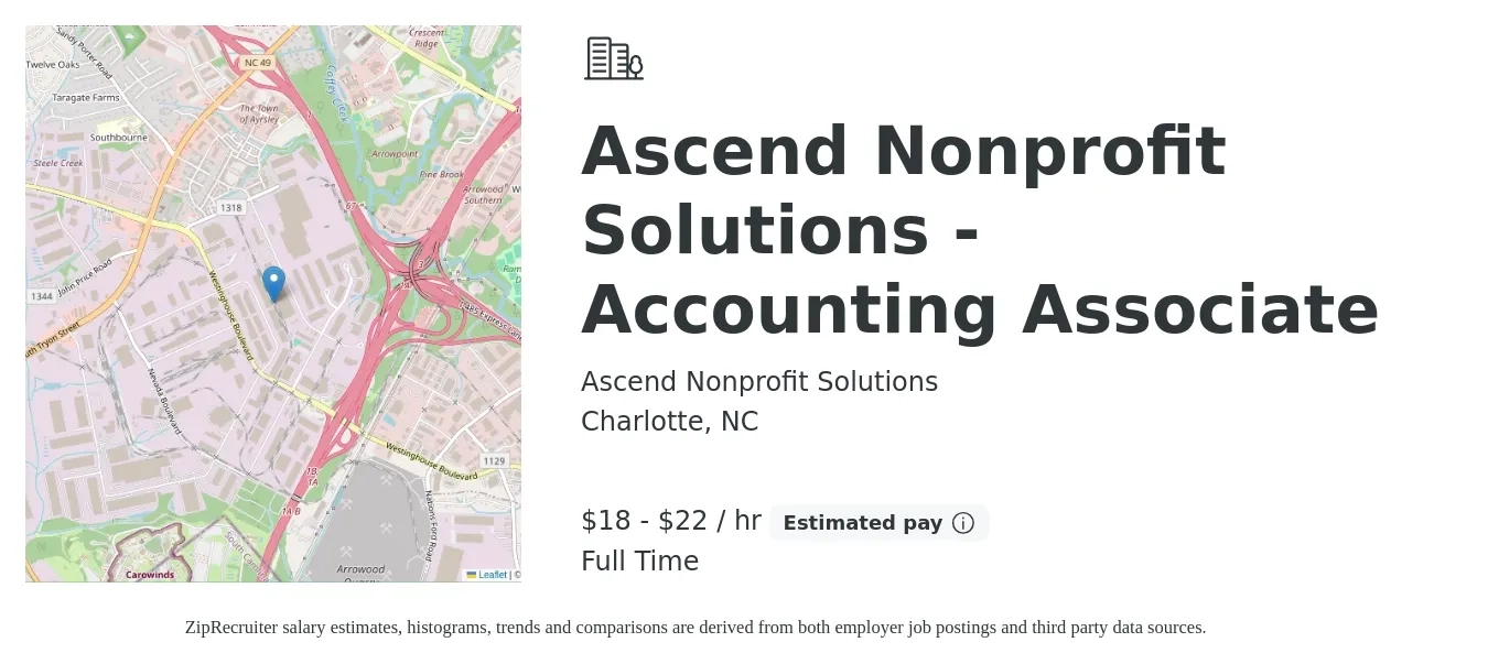 Ascend Nonprofit Solutions job posting for a Ascend Nonprofit Solutions - Accounting Associate in Charlotte, NC with a salary of $40,000 to $49,000 Yearly with a map of Charlotte location.