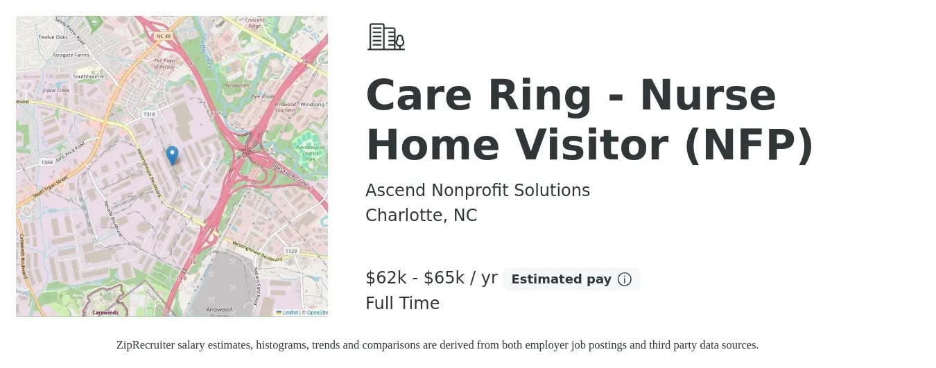 Ascend Nonprofit Solutions job posting for a Care Ring - Nurse Home Visitor (NFP) in Charlotte, NC with a salary of $62,000 to $65,000 Yearly with a map of Charlotte location.