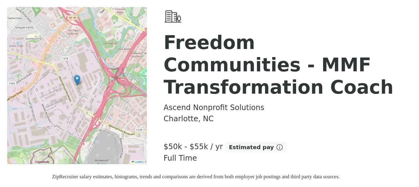 Ascend Nonprofit Solutions job posting for a Freedom Communities - MMF Transformation Coach in Charlotte, NC with a salary of $50,000 to $55,000 Yearly with a map of Charlotte location.